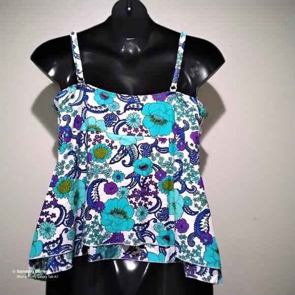 Island Escape White & Aqua Floral V-Neck O-Ring Underwire Strap Tankini NWT 24W - Picture 3 of 4